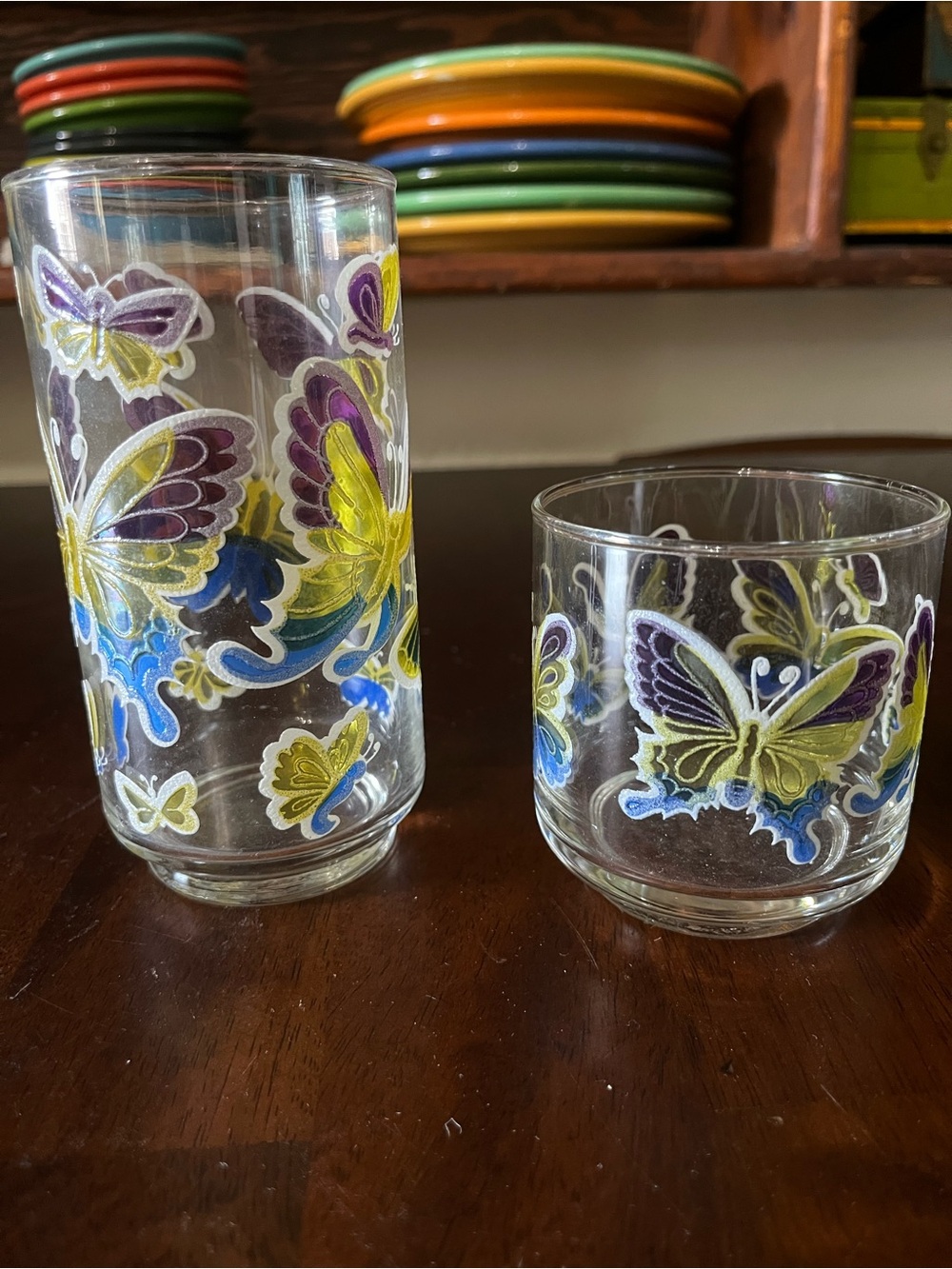 Libbey Butterfly Glasses with Yellow, Purple, and Blue Accents